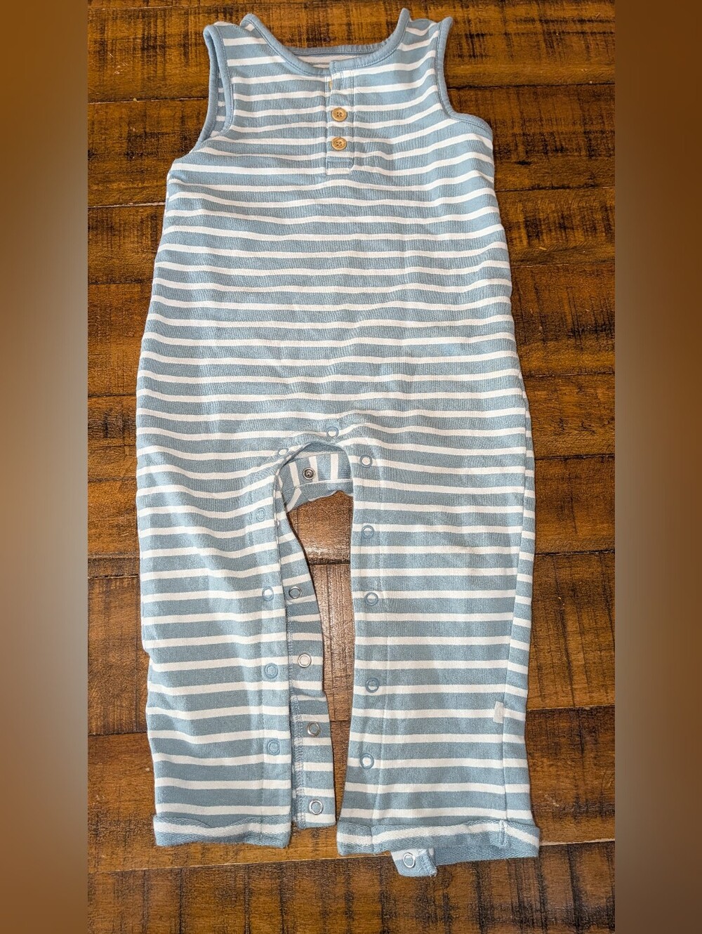 Striped Blue & White Sleeveless One-Piece With Wood Buttons, Organic Cotton 24m
